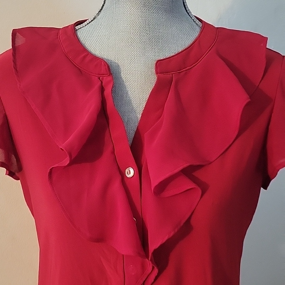 Perception Concept Ruffled, Button Up Red Blouse, Size: S - Picture 2 of 10